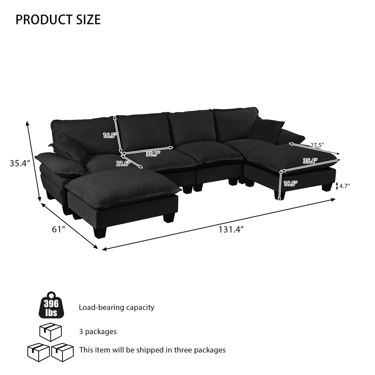 Modular Sectional Sofa With Movable Ottoman & Pillows