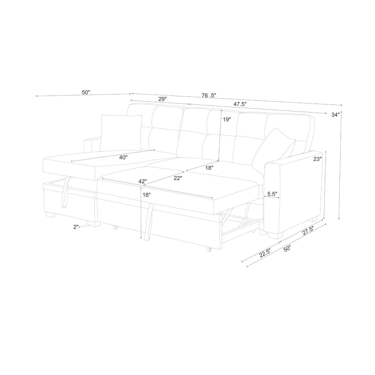 Upholstered Sectional With Pull Out Bed And Chaise Storage