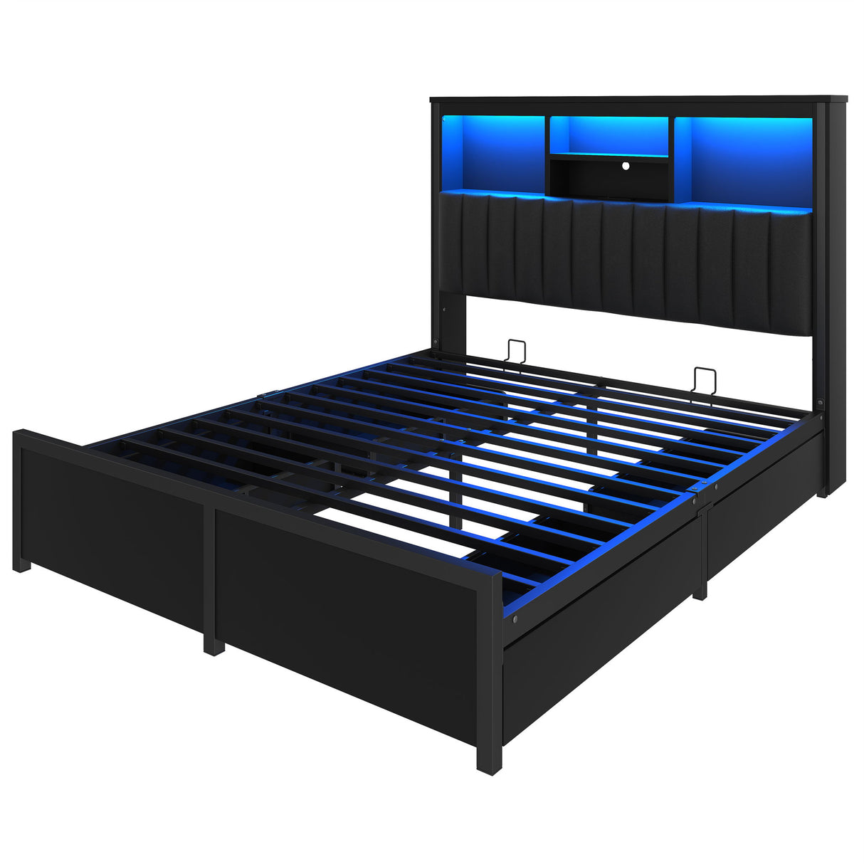 Queen Bed Frame With High Storage Headboard, LED Light And Charging Station, 4 Storage Drawers - Black