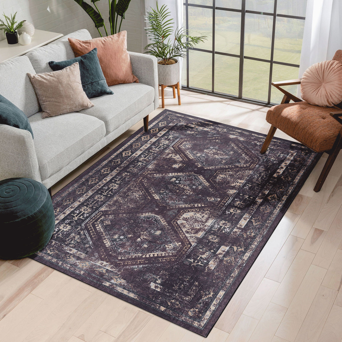Maval - 9' X 12' Washable Area Rug - Black / Burgundy