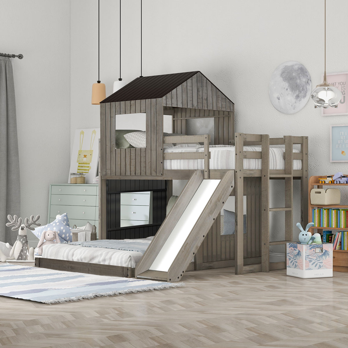 Twin Over Full Loft Bunk Bed With Playhouse, Farmhouse, Ladder, Slide And Guardrails - Antique Gray