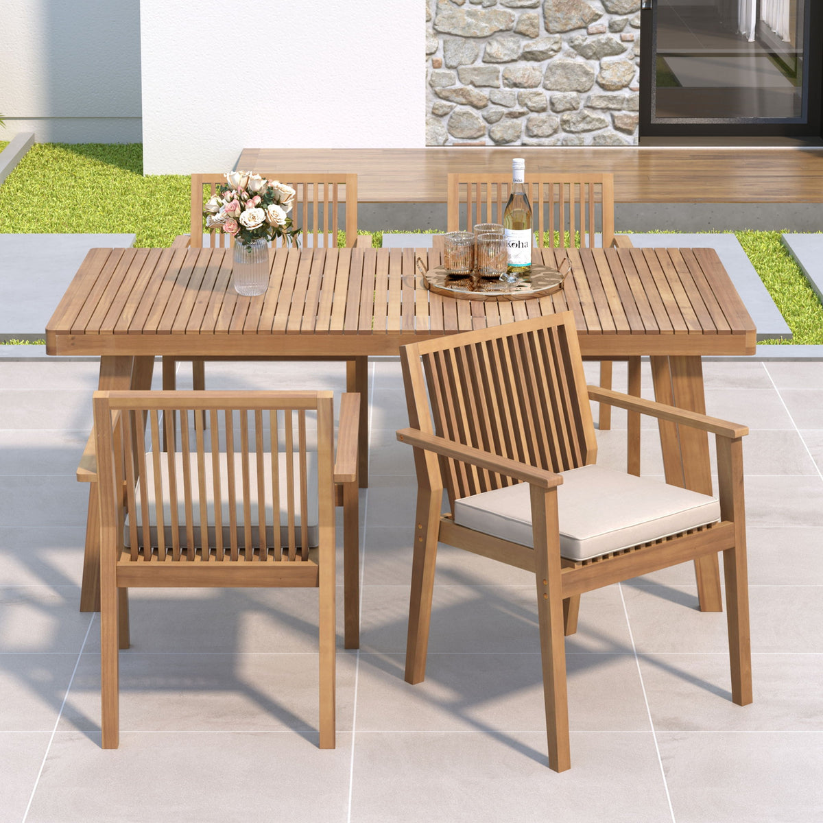 5 Piece Patio Furniture Set Acacia Wood Table And 4 Heavy Duty Cushioned Chairs