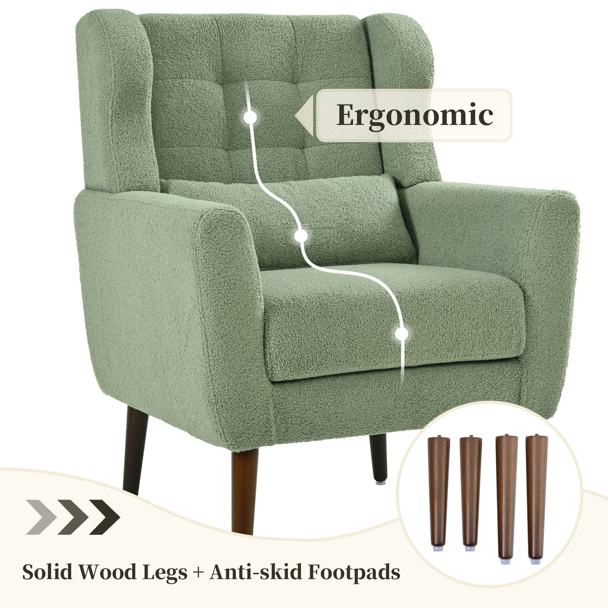 Modern Accent Chair, Teddy Fabric Living Room Chairs Comfy Reading Chair, Mid Century Accent Chair, Lounge Arm Chairs Armchair For Living Room Bedroom - Light Green