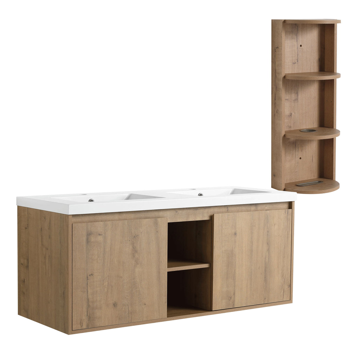 48" Wall Mounted Bathroom Vanity With Double Resin Sink And Storage Rack Soft Close Doors - Imitative Oak