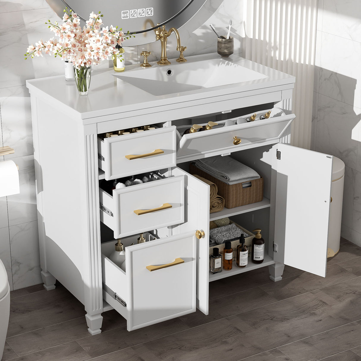 Bathroom Vanity With Sink, 1 Tip Out Drawer, 3 Side Drawers, Adjustable Shelf