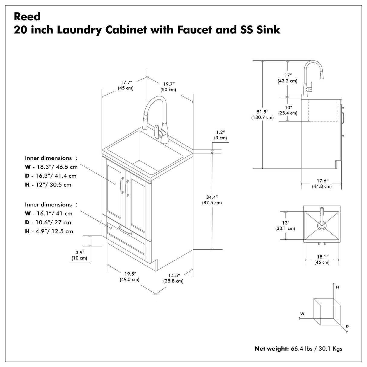Reed - Deluxe Laundry Cabinet With Pull-Out Faucet And Stainless Steel Sink