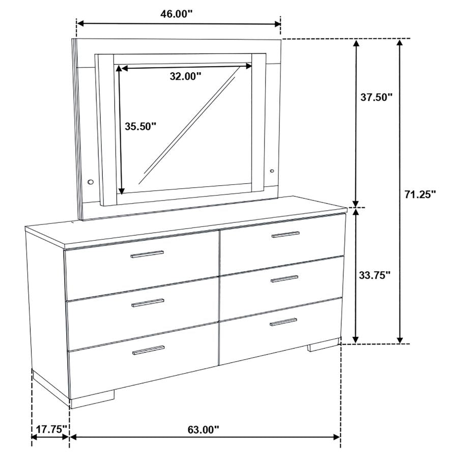 Felicity 6-drawer Dresser with LED Mirror White High Gloss - 203503ML