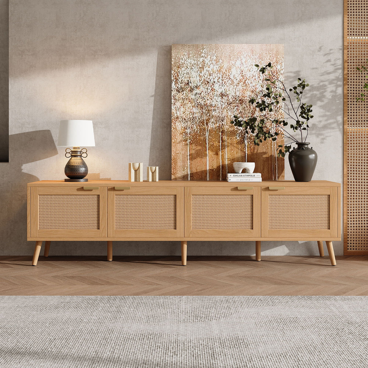 TV Stand With Storage & Cable Holes - Natural Wood