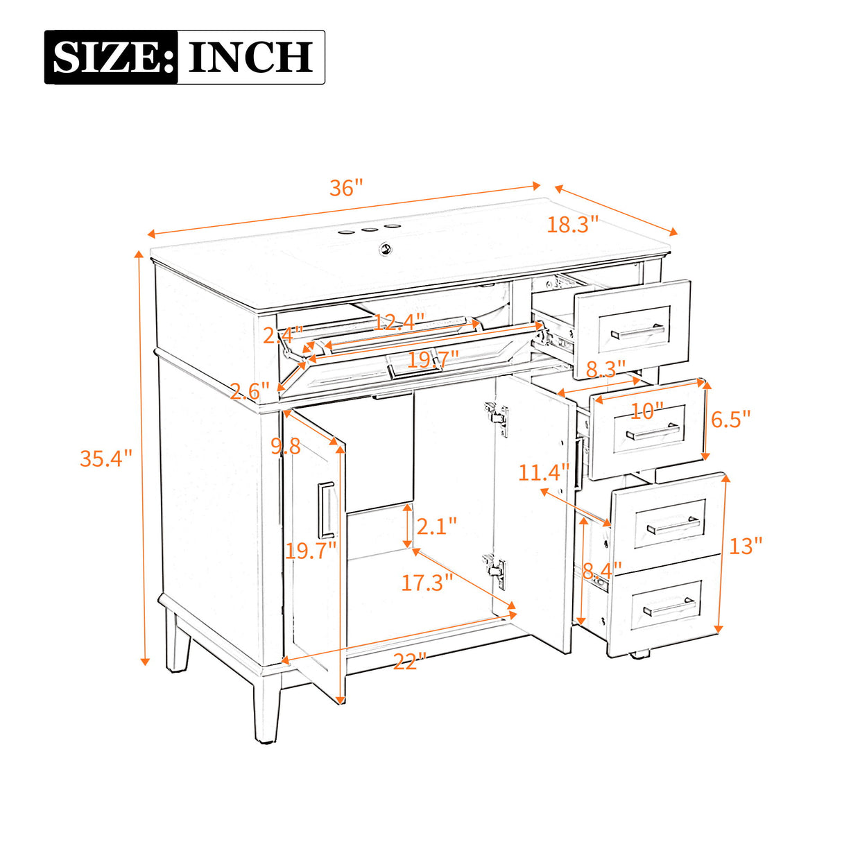 Bathroom Vanity With Ceramic Sink, Soft-Close Doors, 4 Storage Drawers - Blue