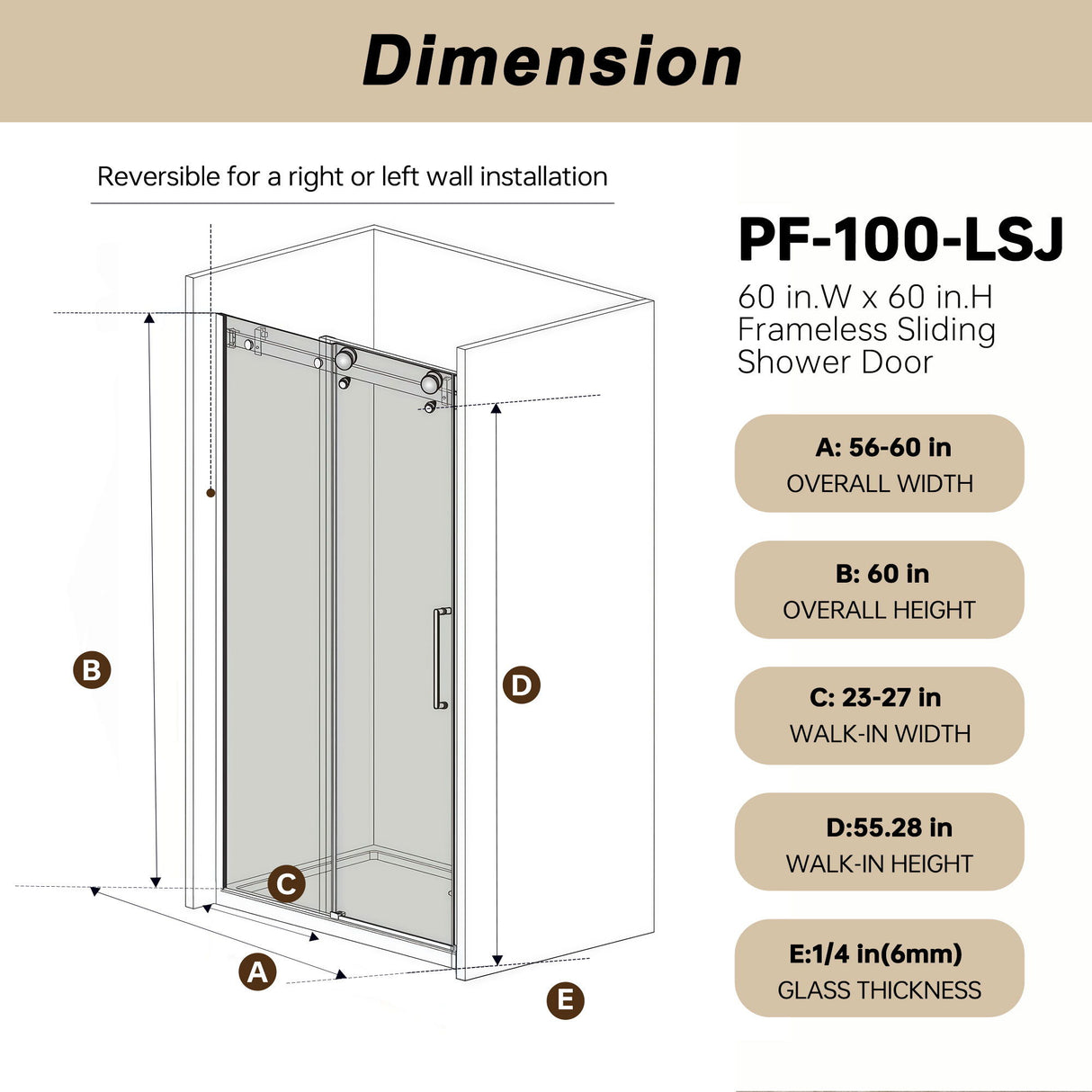 Frameless Single Sliding Shower Door With Handle And Square Tube Track