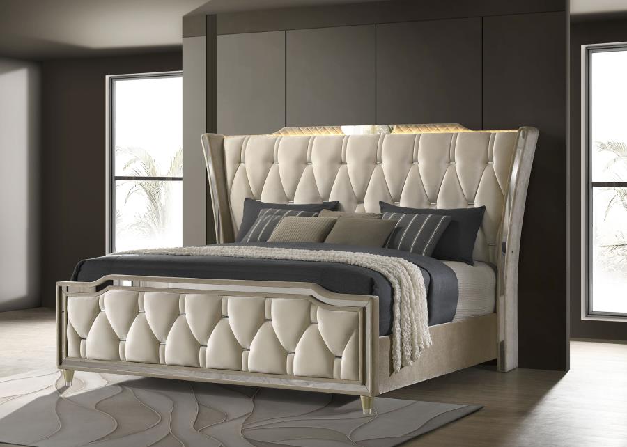 Lorient Eastern King LED Upholstered Bed Ivory and Camel - 222661KE