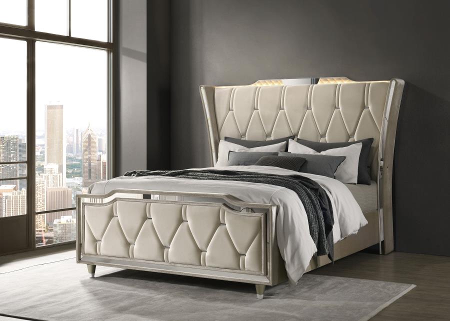 Lorient Queen LED Upholstered Wingback Bed Ivory and Camel - 222661Q