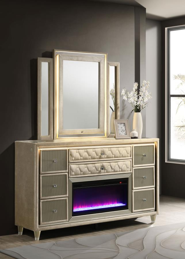 Lorient 8-drawer LED Flame Box Dresser and Mirror Ivory Camel - 222663FBM