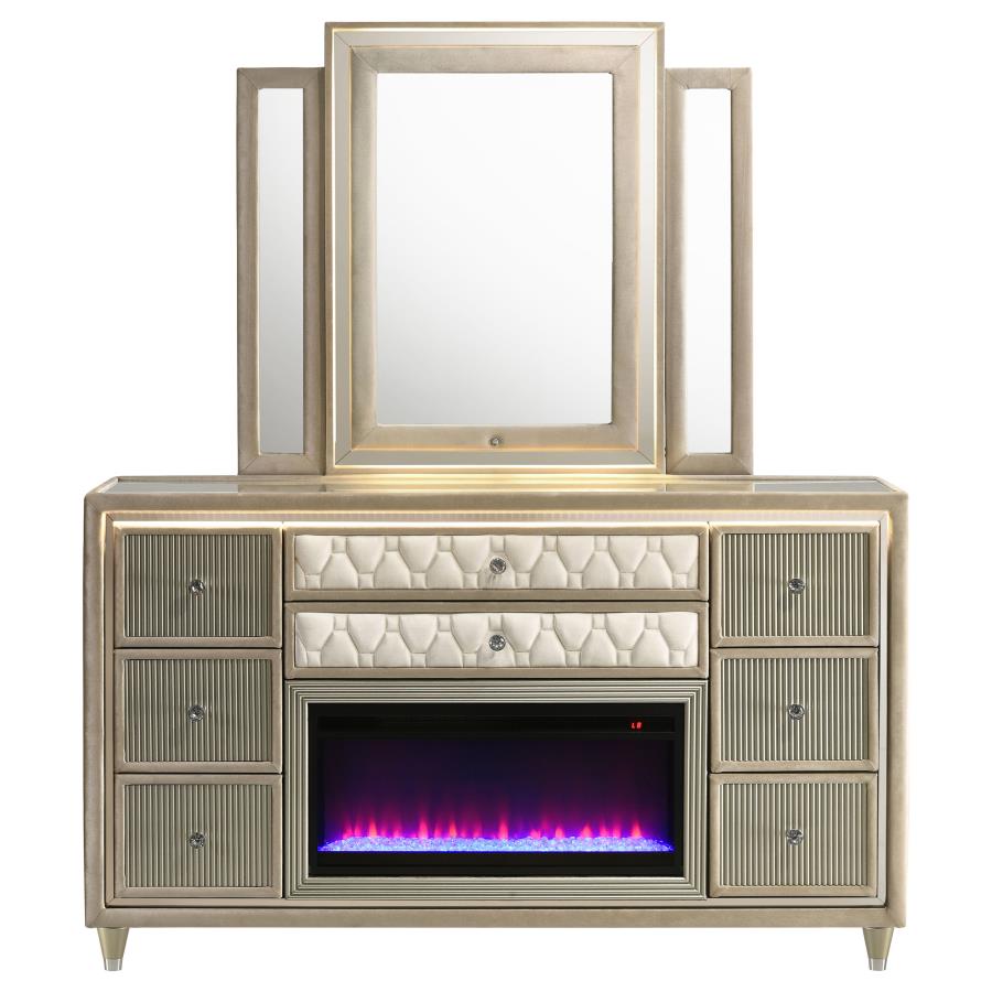 Lorient 8-drawer LED Flame Box Dresser and Mirror Ivory Camel - 222663FBM