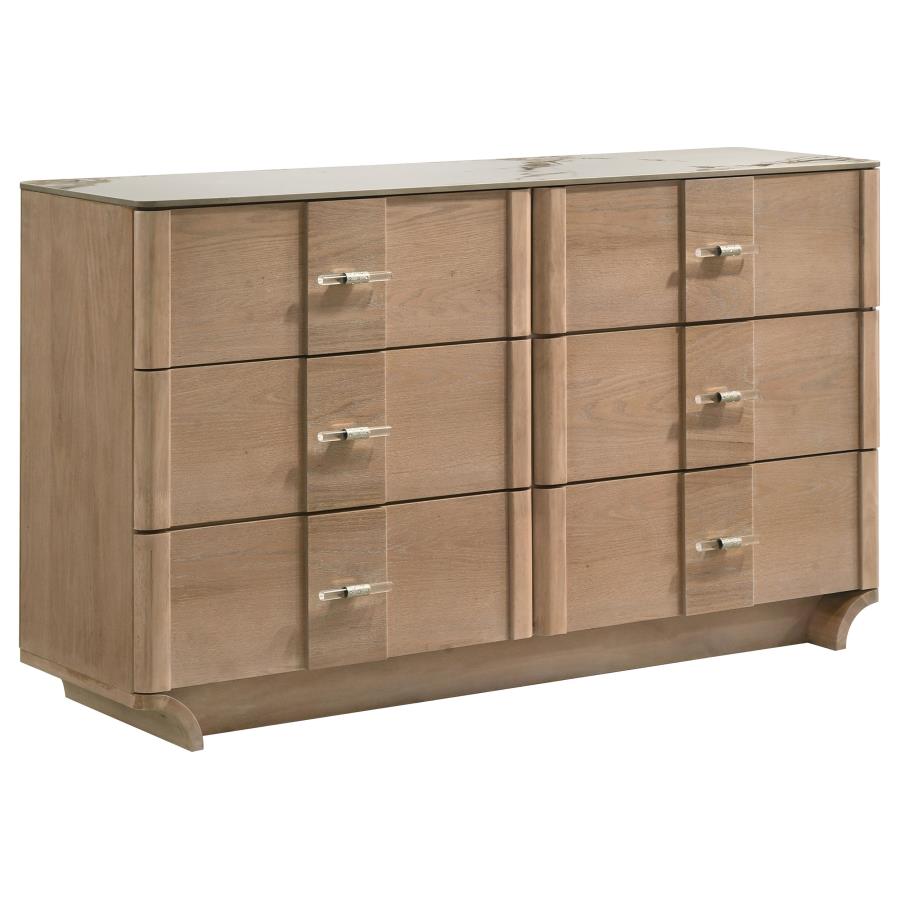 Leanne 6-drawer Sinter Stone Top Dresser Cabinet Light Oak - 223133