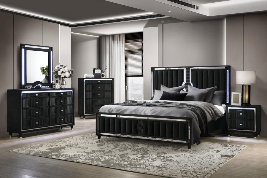 Ravenne Velvet Upholstered Eastern King LED Panel Bed Black - 223191KE