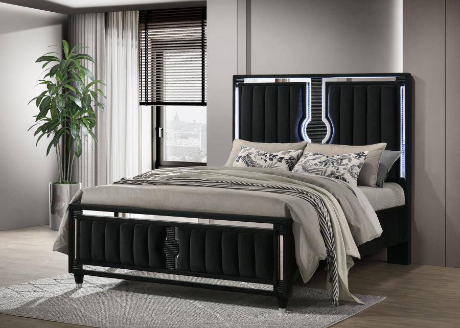 Ravenne Velvet Upholstered Queen LED Panel Bed Black - 223191Q