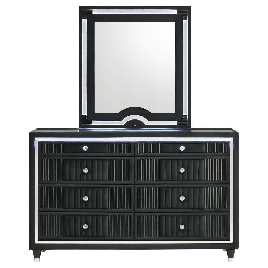 Ravenne 8-drawer Velvet Upholstered LED Dresser and Mirror Black - 223193M