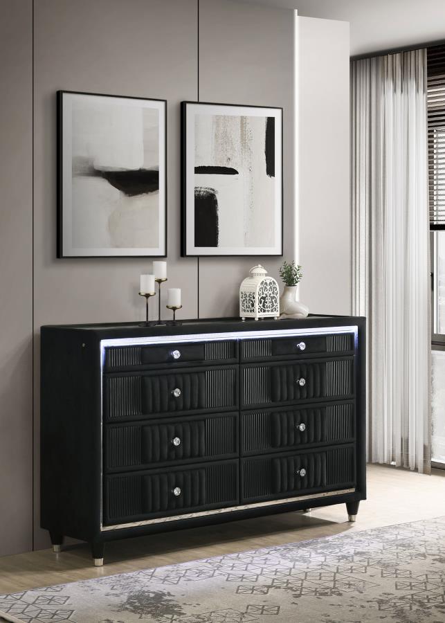Ravenne 8-drawer Velvet Upholstered LED Dresser Cabinet Black - 223193
