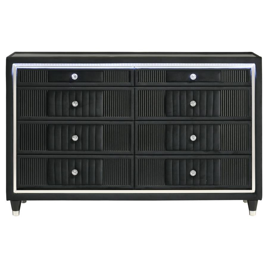 Ravenne 8-drawer Velvet Upholstered LED Dresser Cabinet Black - 223193
