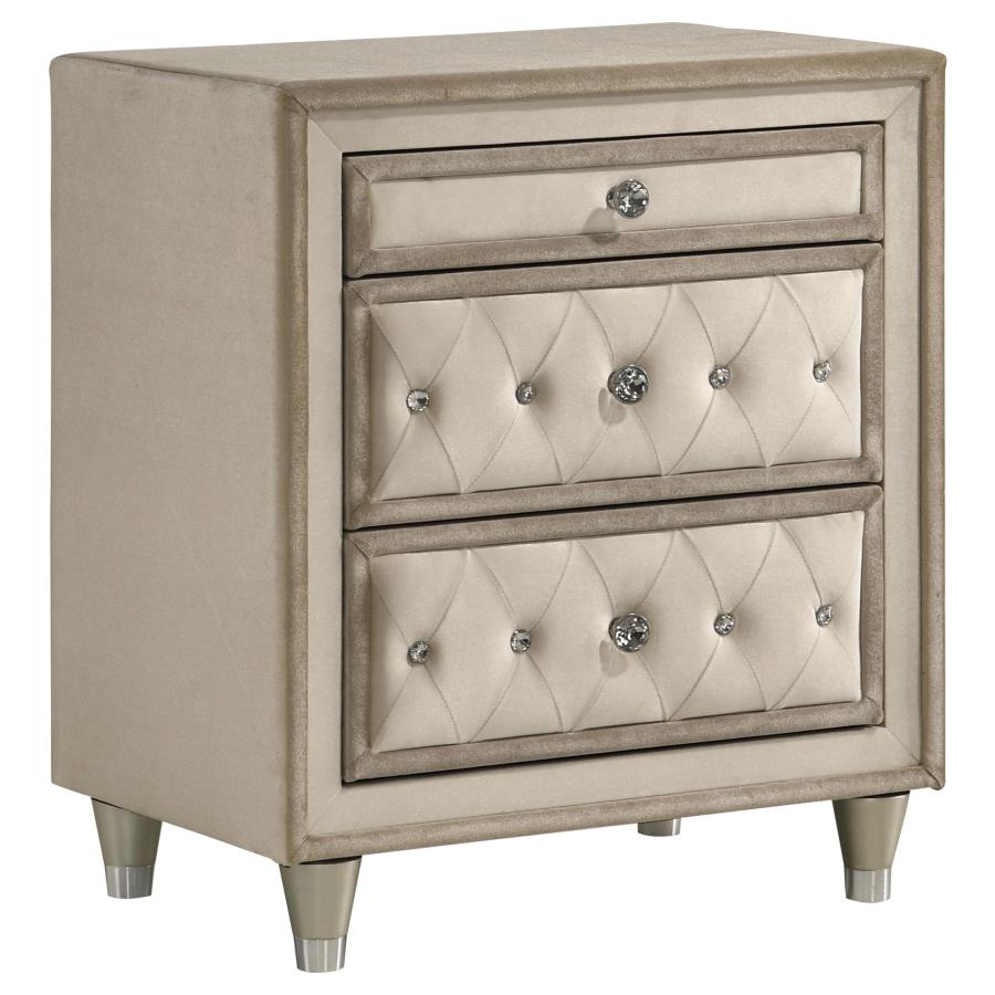 Antonella Upholstered 3-drawer Nightstand Ivory and Camel - 223522