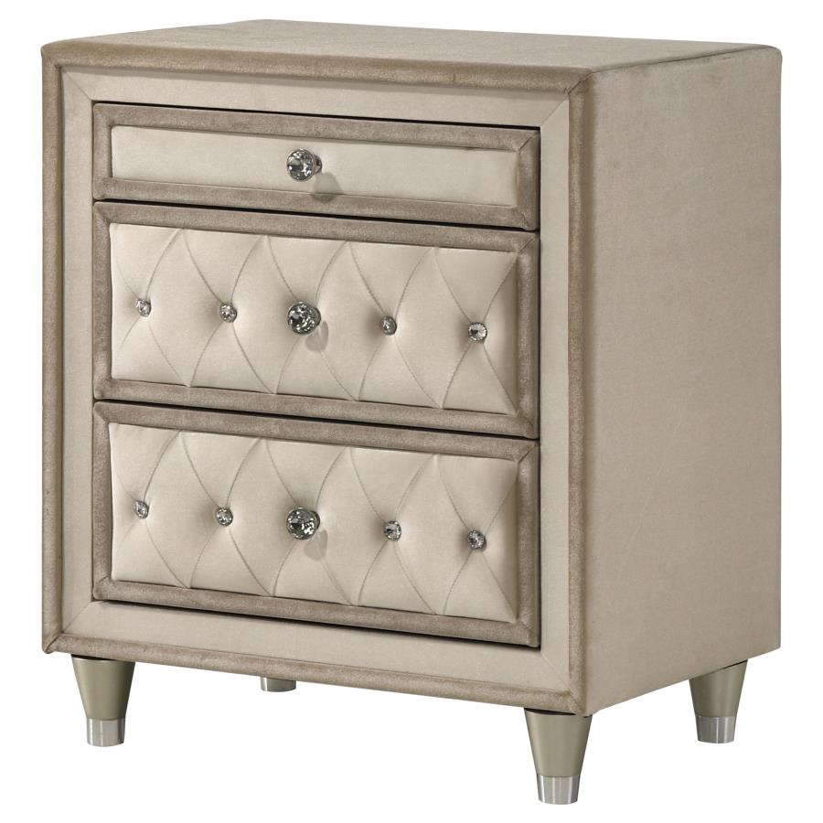 Antonella Upholstered 3-drawer Nightstand Ivory and Camel - 223522