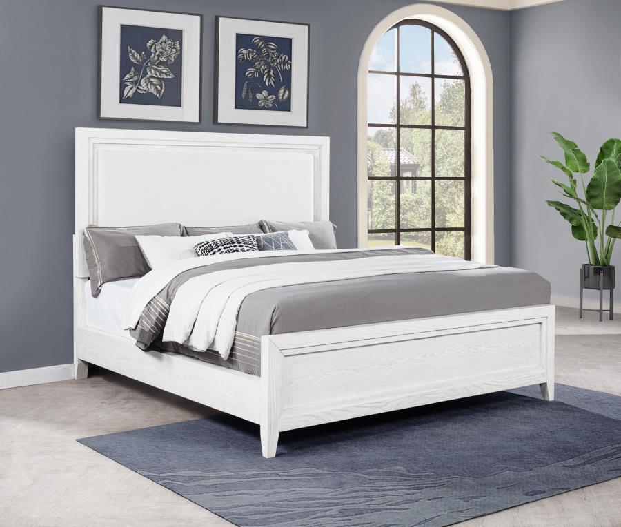 Marielle Eastern King Upholstered Panel Bed Distressed White - 224841KE