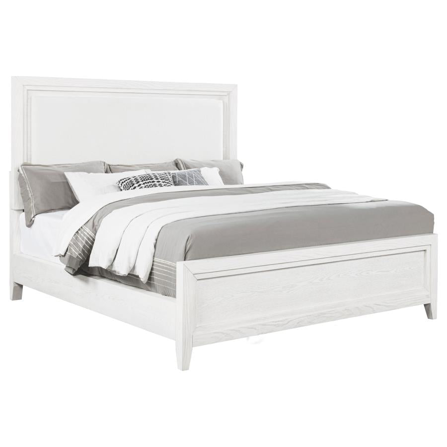Marielle Eastern King Upholstered Panel Bed Distressed White - 224841KE