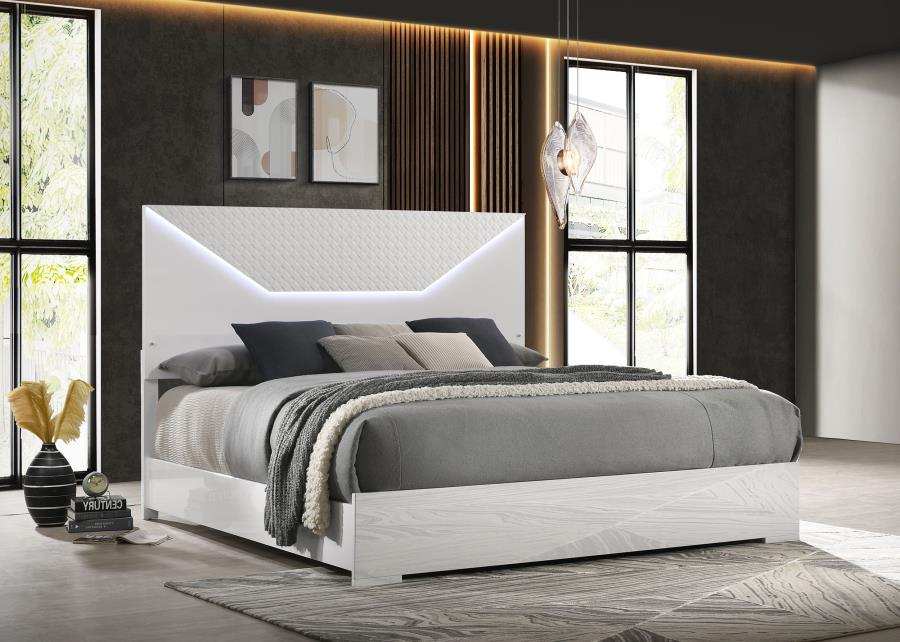 Ives Eastern King Panel Bed LED Headboard White High Gloss - 224941KE