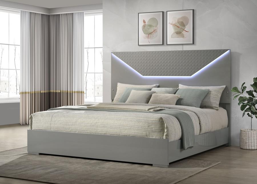 Ives Eastern King Panel Bed LED Headboard Grey High Gloss - 224971KE