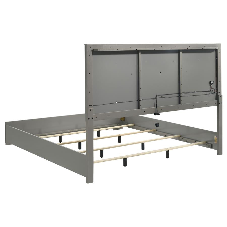 Ives Eastern King Panel Bed LED Headboard Grey High Gloss - 224971KE