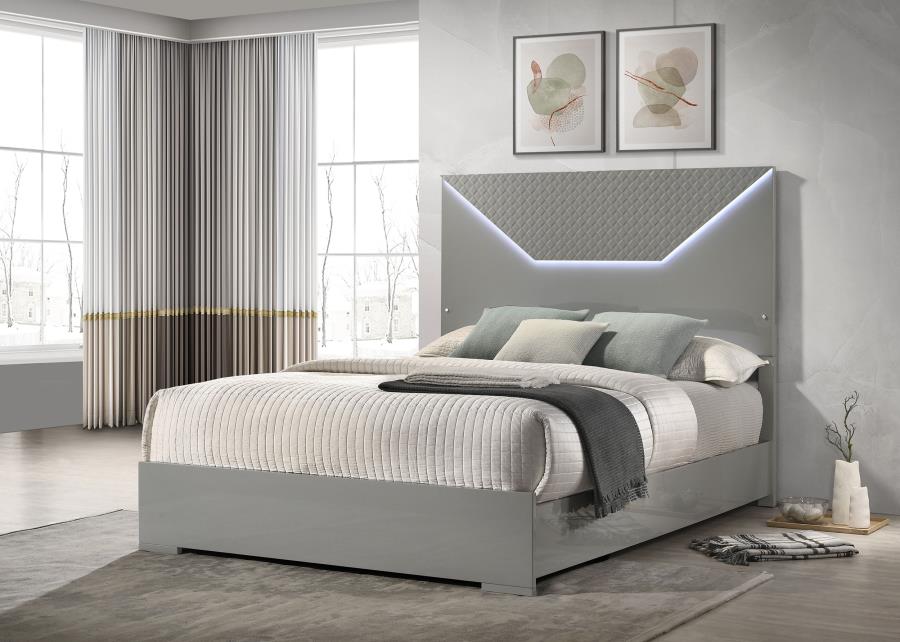 Ives Queen Panel Bed LED Headboard Grey High Gloss - 224971Q