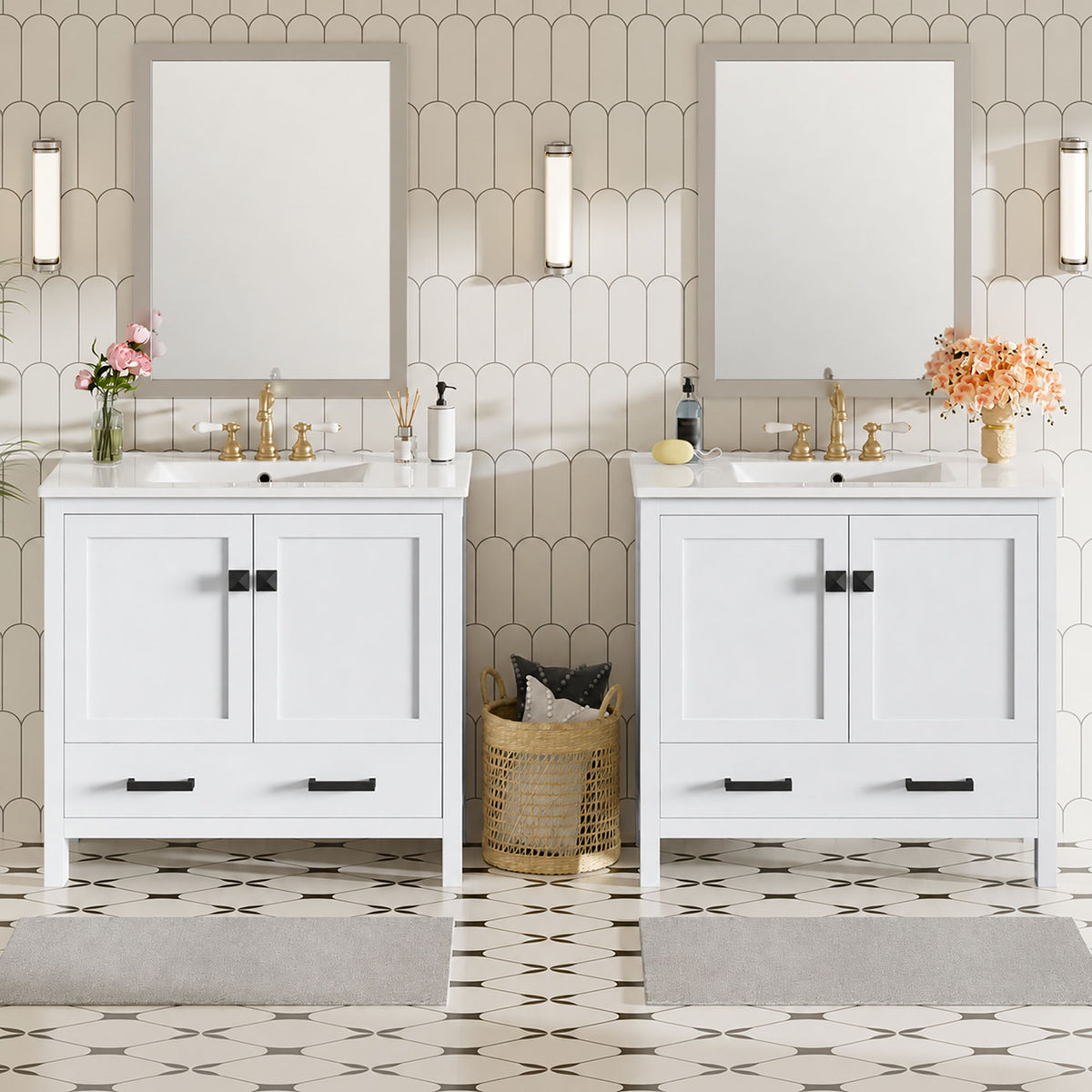 Bathroom Vanity With Sink, Soft Close Doors, Double Storage Shelves & Divided Drawer Ample Storage - White