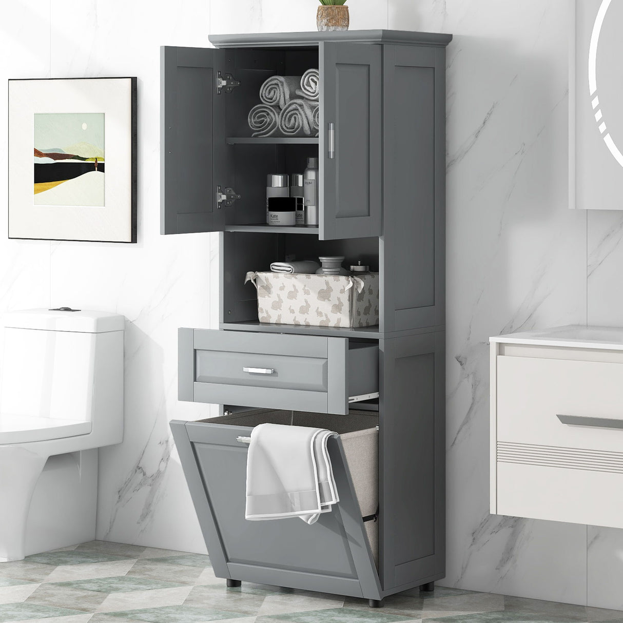 Tall Bathroom Cabinet With Tilt-Out Laundry Basket And Upper Storage