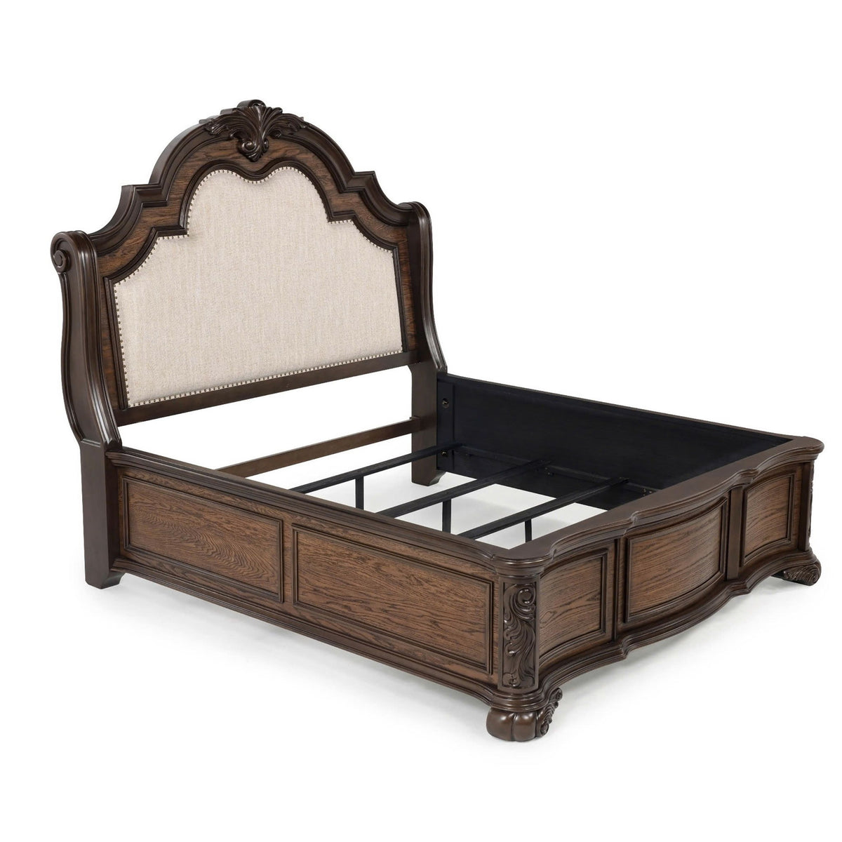 Queen Panel Bed Upholstered Headboard Tufted Nail Head Trim - Brown / Coffee