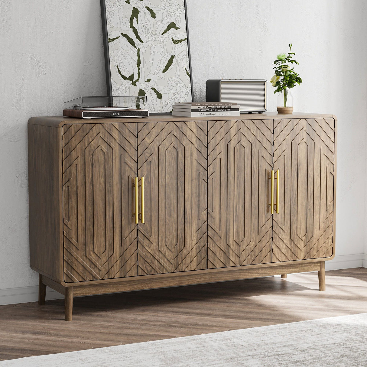 Modern Carved 4 Door Sideboard Buffet Cabinet With Storage, Adjustable Layer Board - Walnut