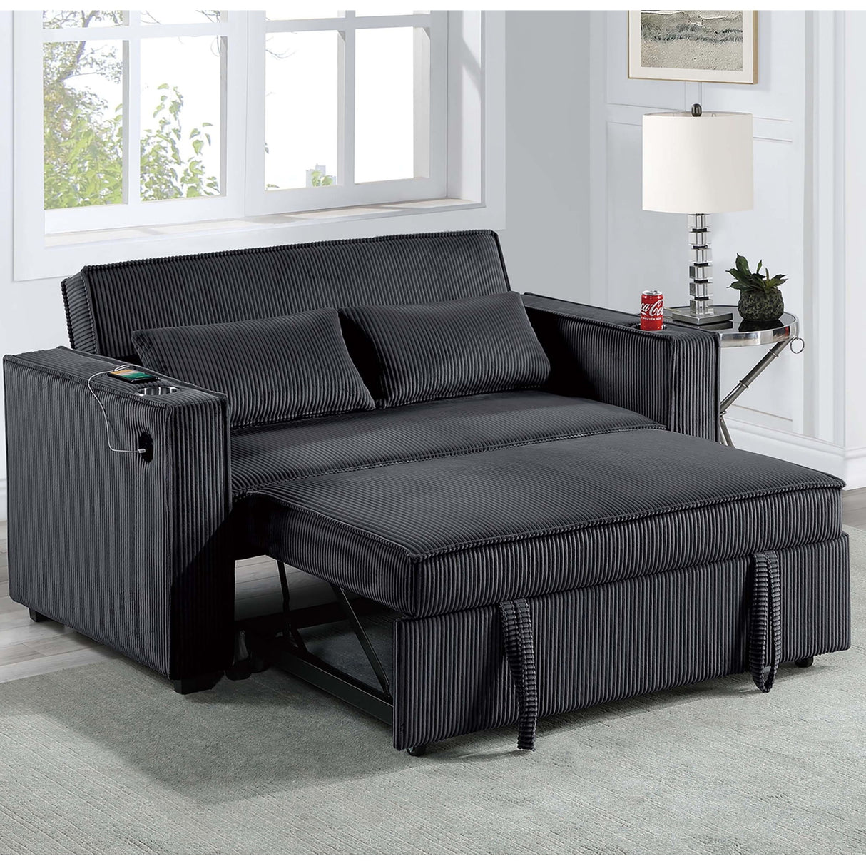 Modern Style Convertible Sofa With Pull-Out Bed, USB Ports & Cup Holders