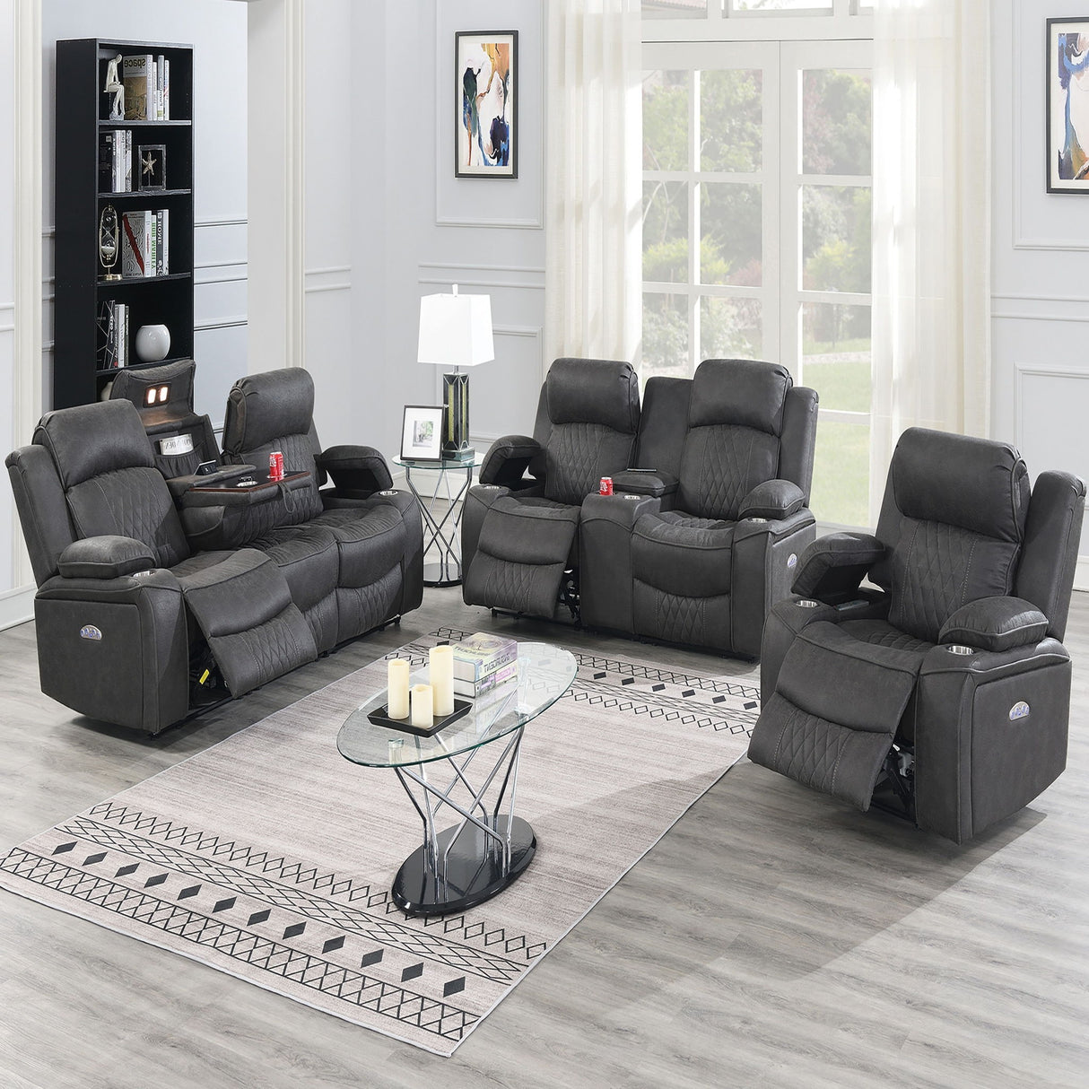 Power Motion Living Room Set With USB Port, Adjustable Headrest, Cup Holder