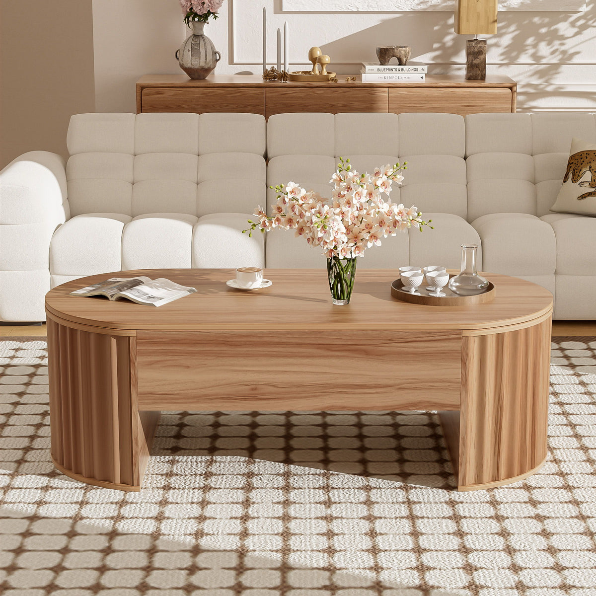 Lift Top Coffee Table With Hidden Compartment, Modern Oval Lift Tabletop For Home Living Room
