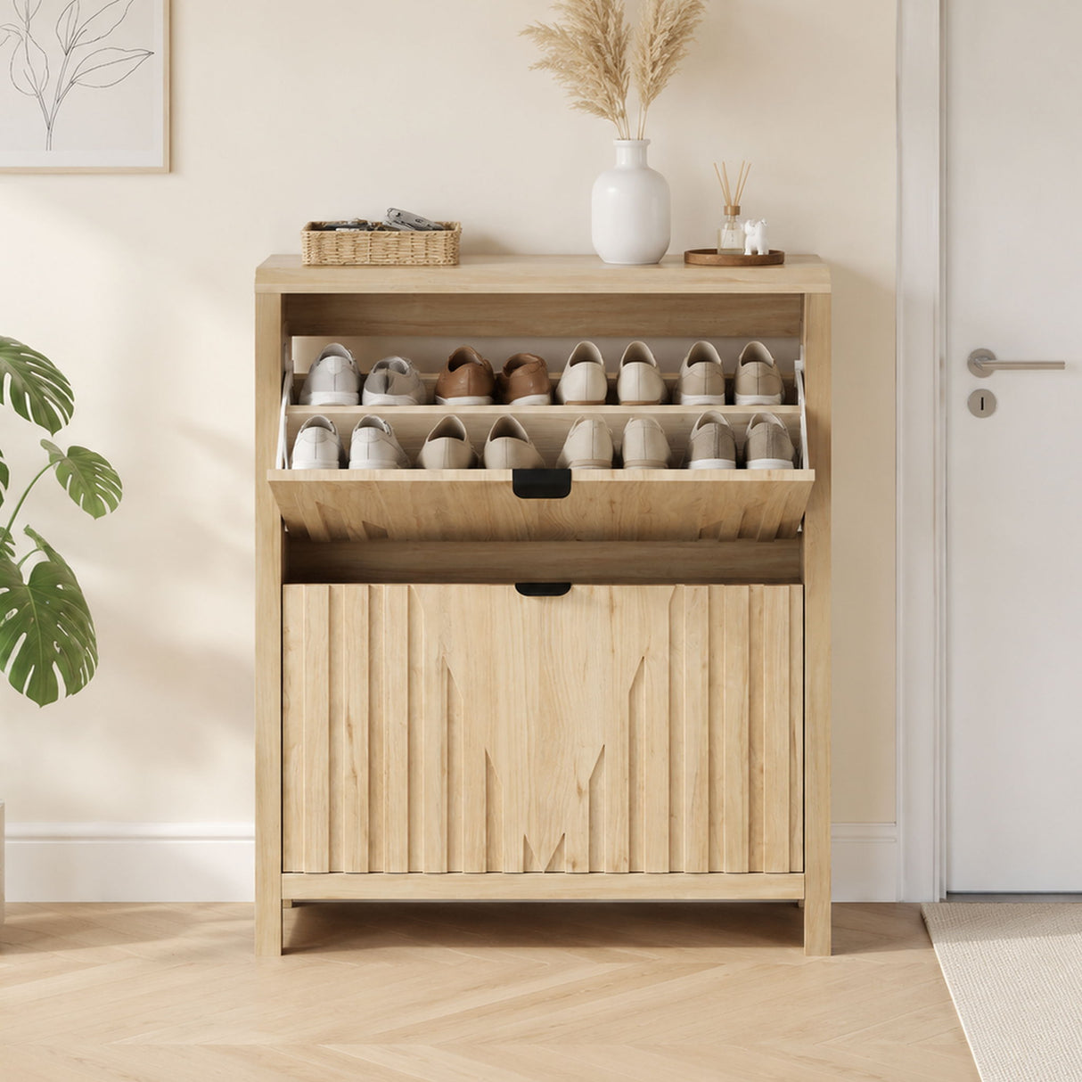 Entryway Shoe Cabinet With Vertical Carved Panels - Oak