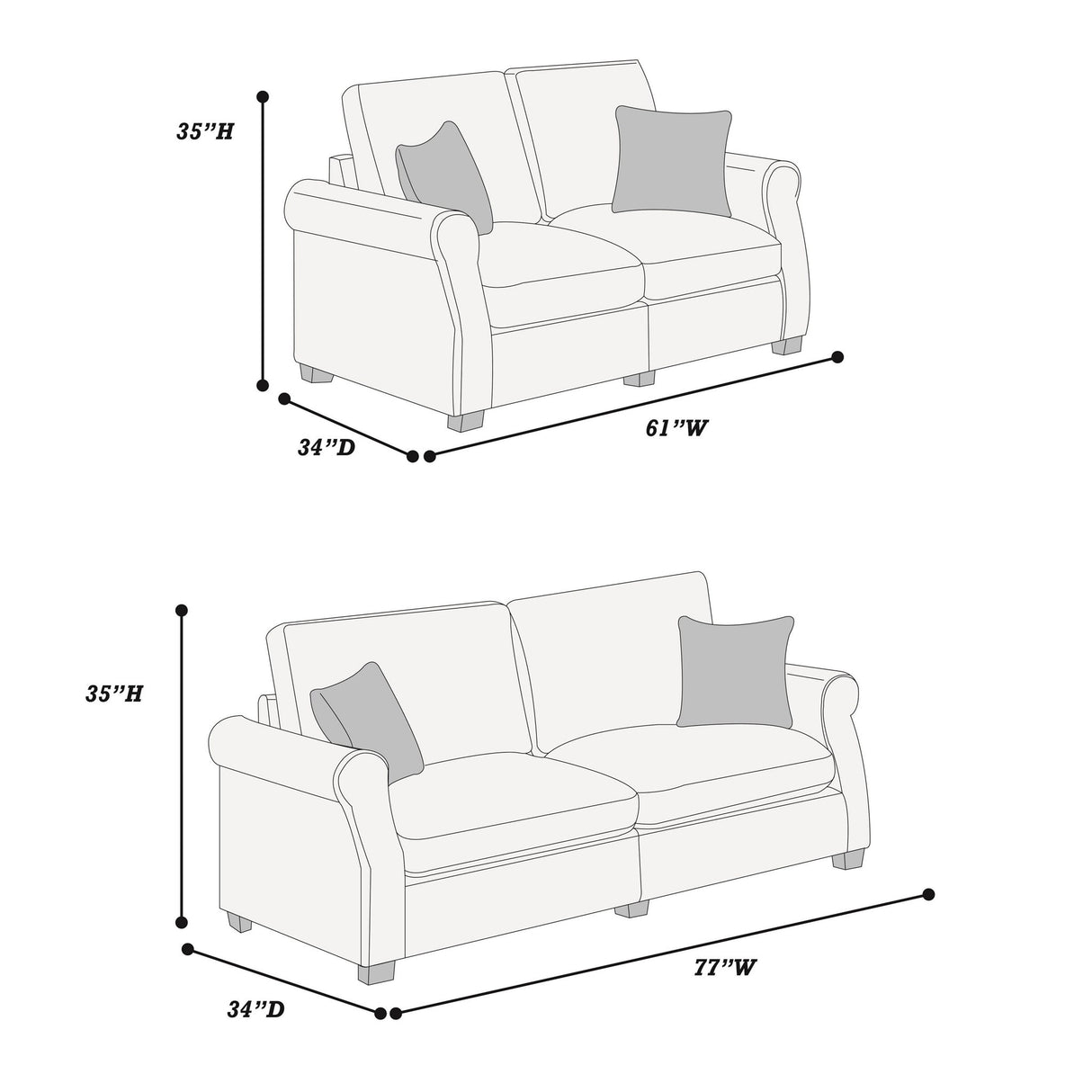 Contemporary 2 Piece Sofa Set With Matching Pillows