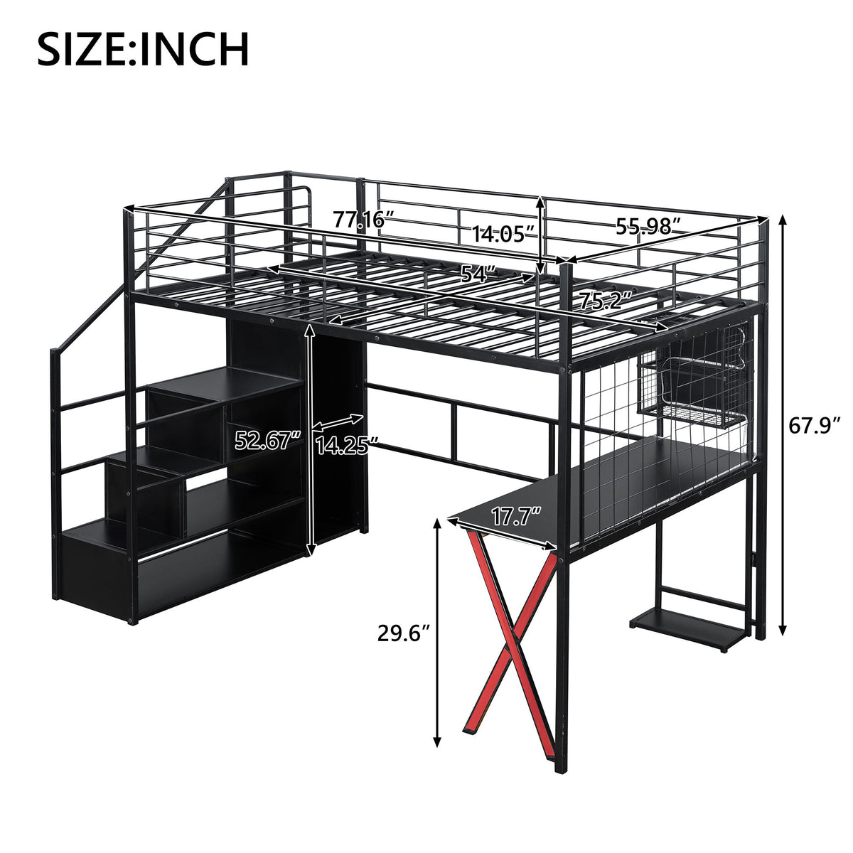 Loft Bed With Built In Work Station, Wardrobe, Storage Staircase And LED