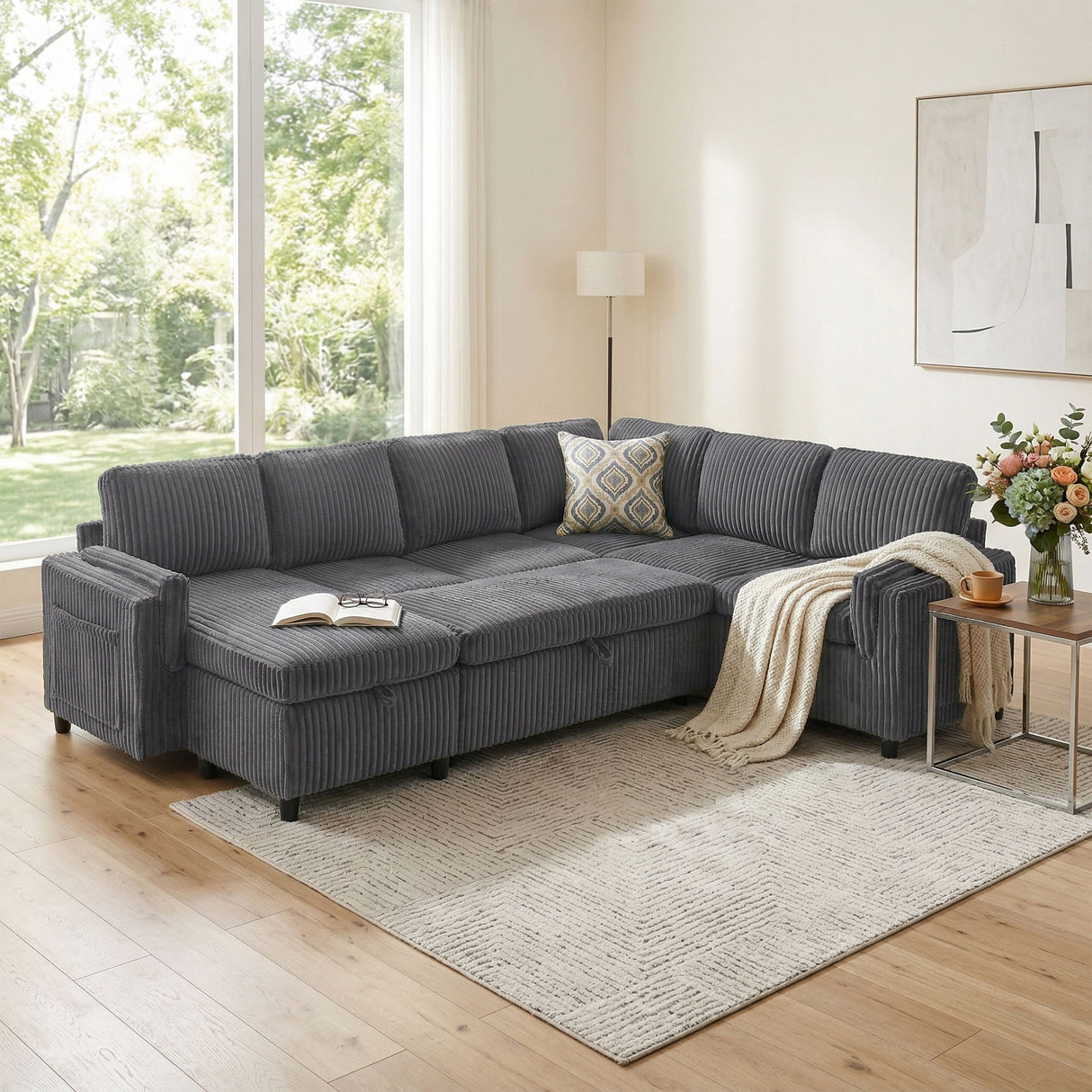 Convertible U-Shaped Sectional Sofa Bed With USB Ports And Storage