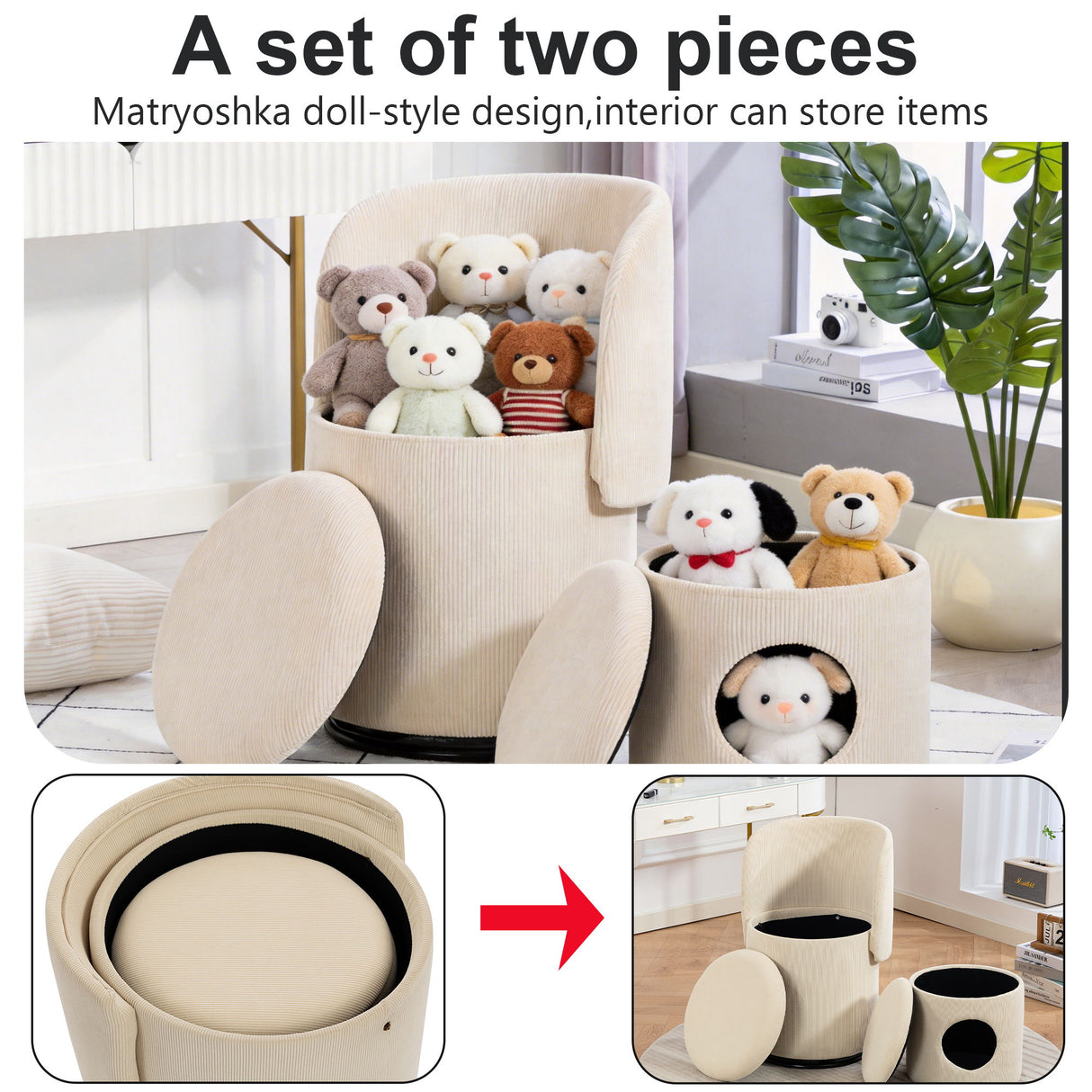 Barrel Chair, Built In Storage, 360° Swivel - Beige