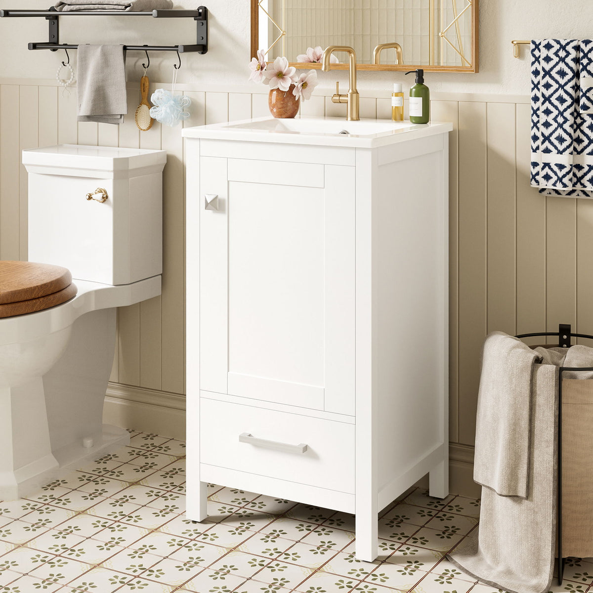 Bathroom Vanity With Ceramic Sink, Soft Close Drawers, Door Organizer, Divider Drawer, Adjustable Foot Pads