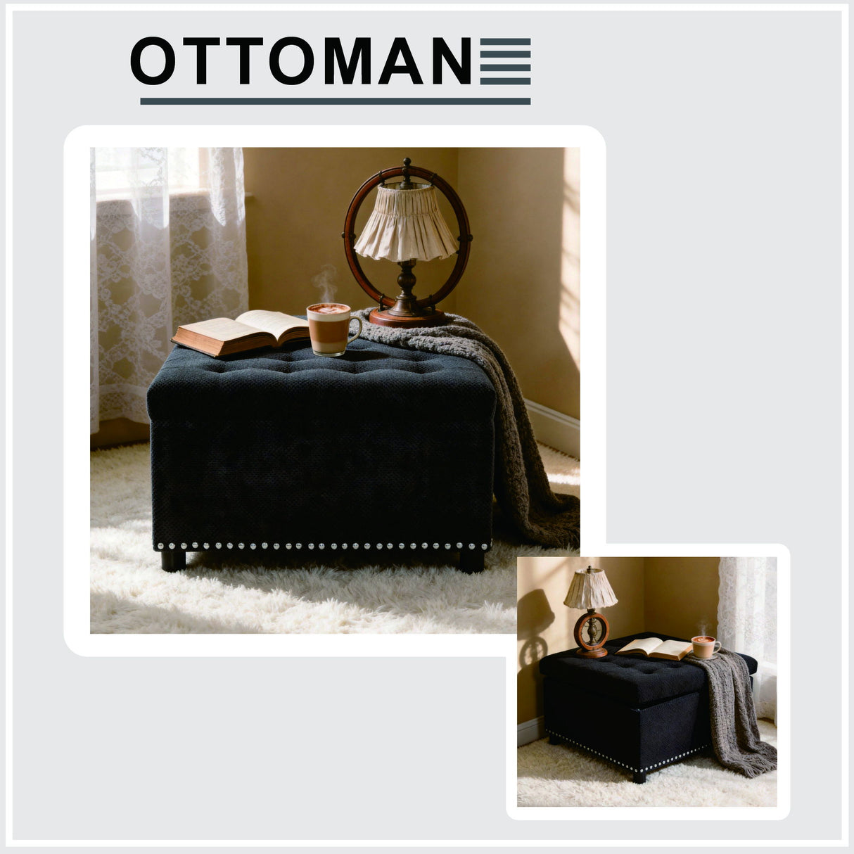 Square Tufted Storage Ottoman With Nailhead Trim