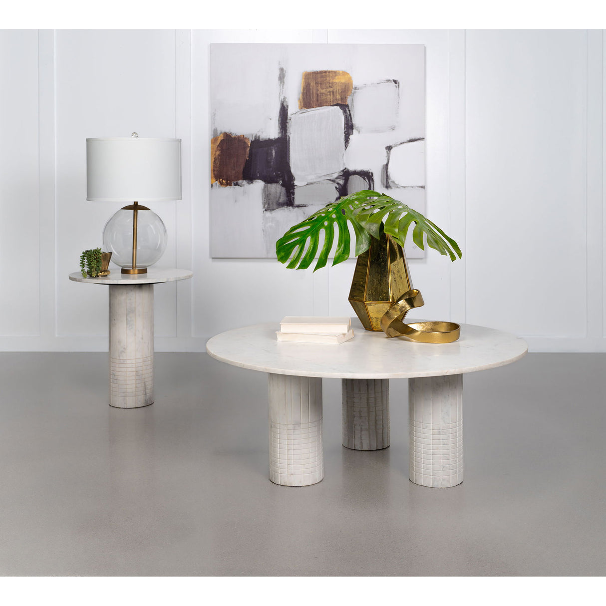 Preston - 2 Piece Coffee And End Table Set With Cylindrical Pedestal Bases, Round Design - White