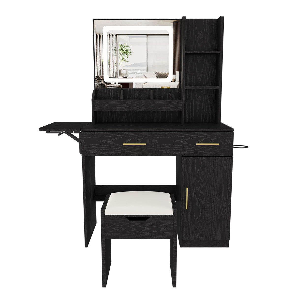 Vanity Desk With LED Mirror Lights And Charging Outlet