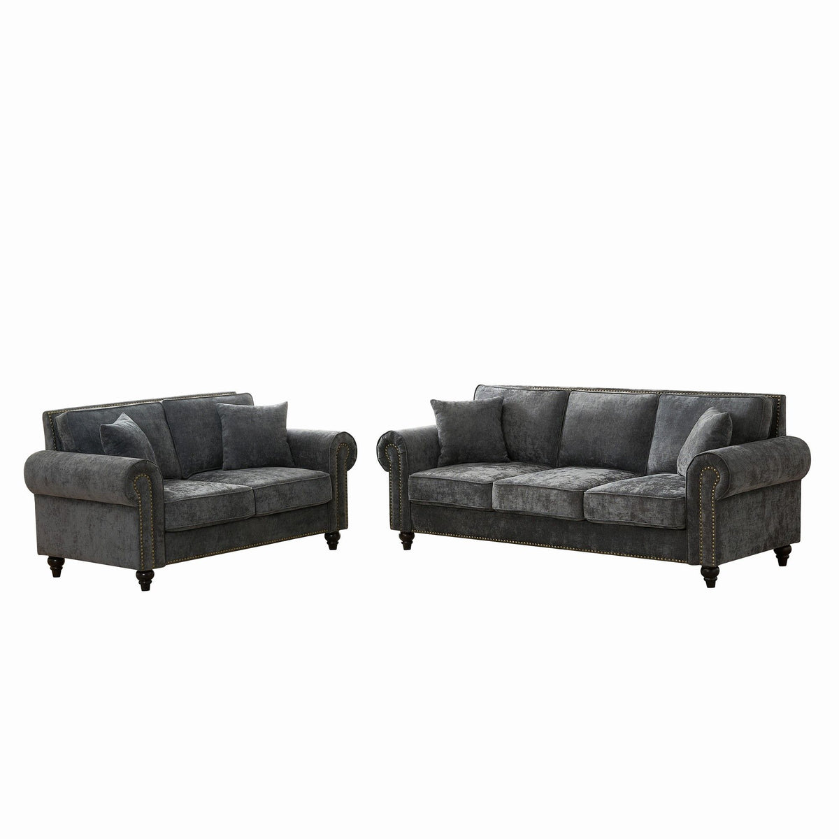 3 And 2 Seater Sofa With Rolled Arms, Tufted Upholstered Couch - Gray