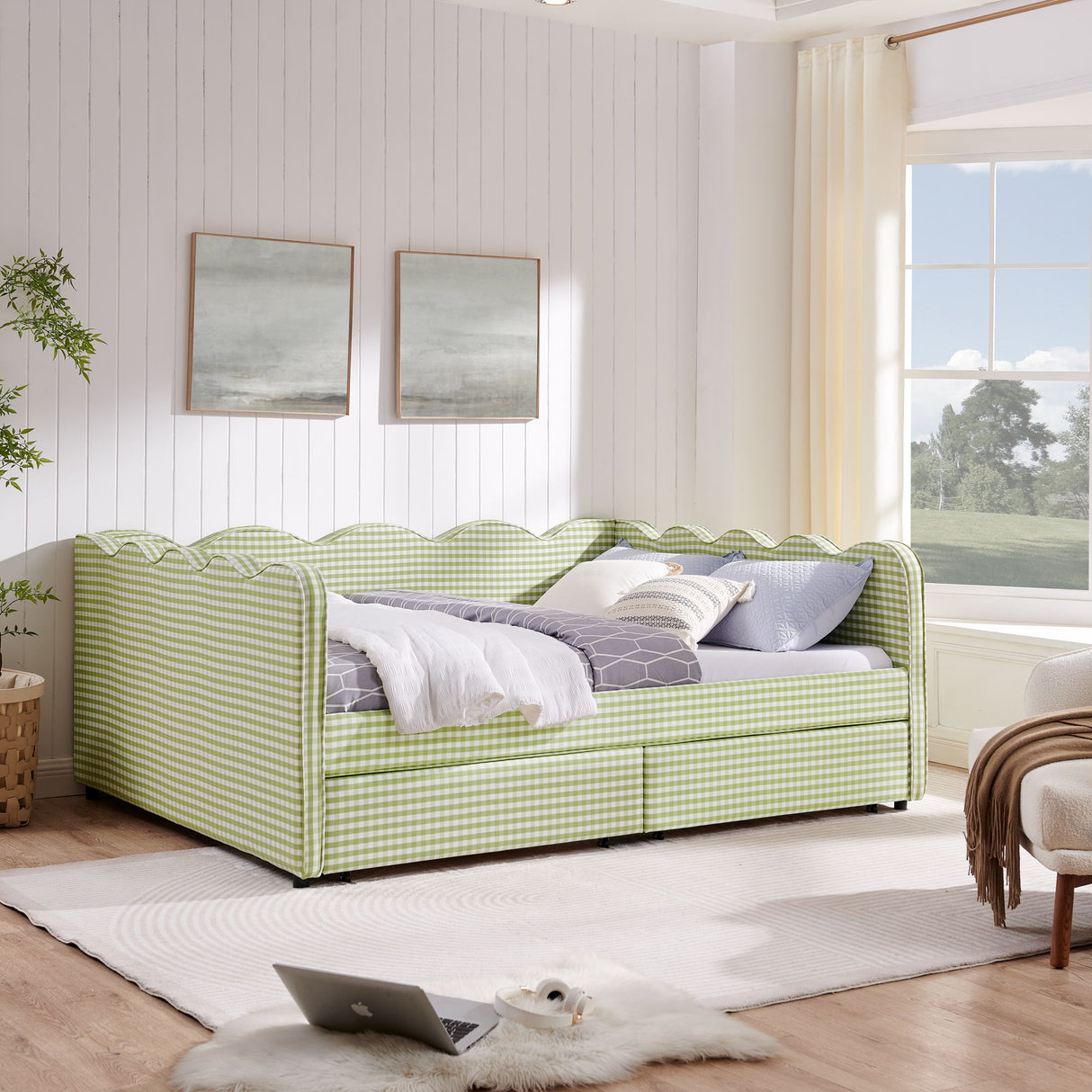 Gingham Daybed & USB Charging Port, Wave Shaped Design